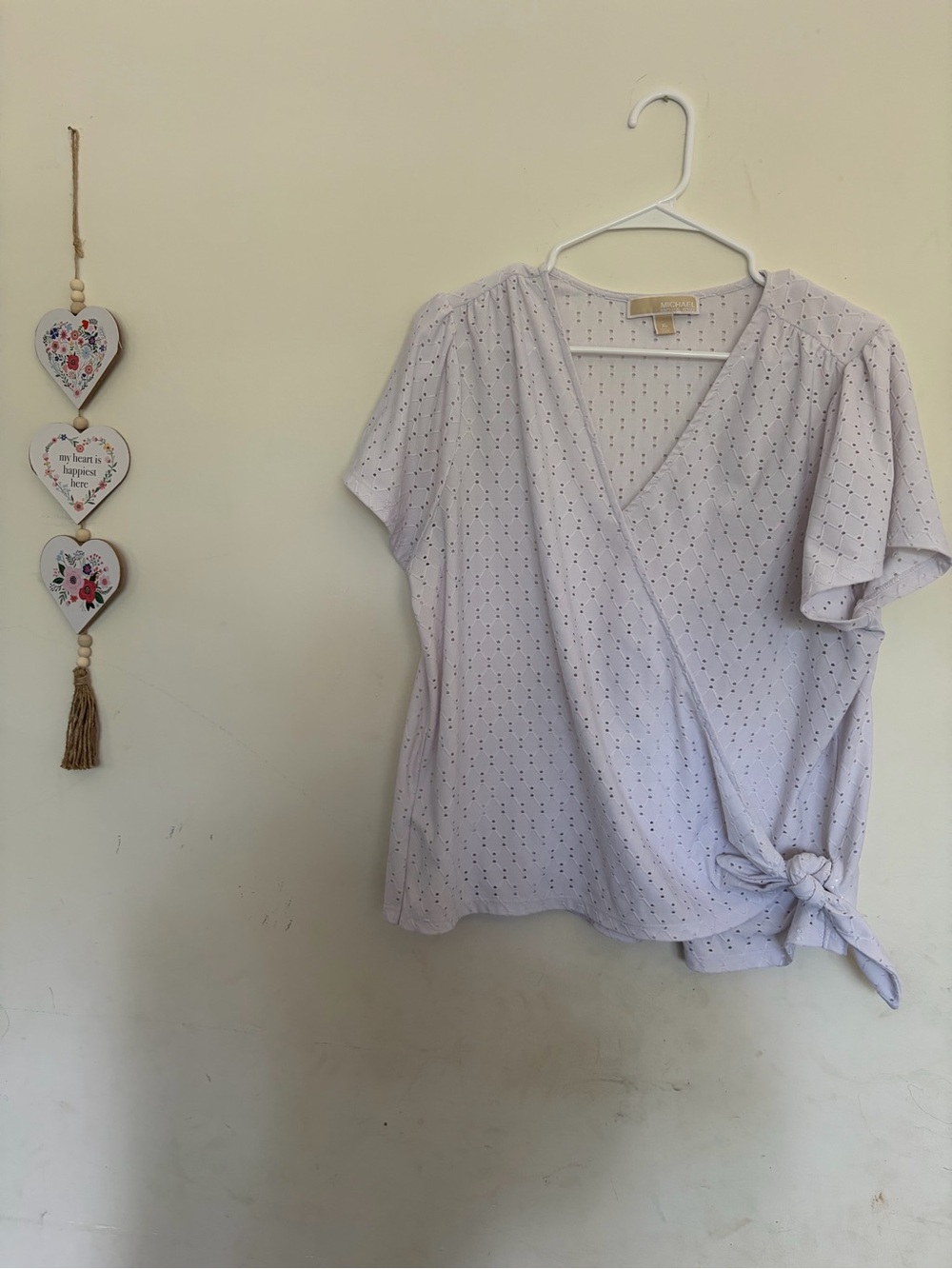 Michael Kors White Eyelet Blouse XL Tie Front Metal Charms Babydoll Soft Girl